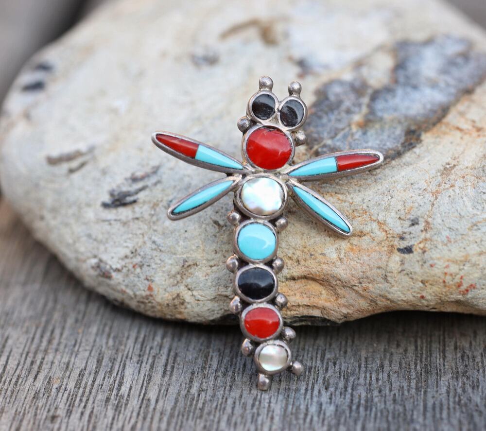 Zuni Dragonfly Pin Multi Stone Inlay Sterling Silver Signed Turquoise Coral